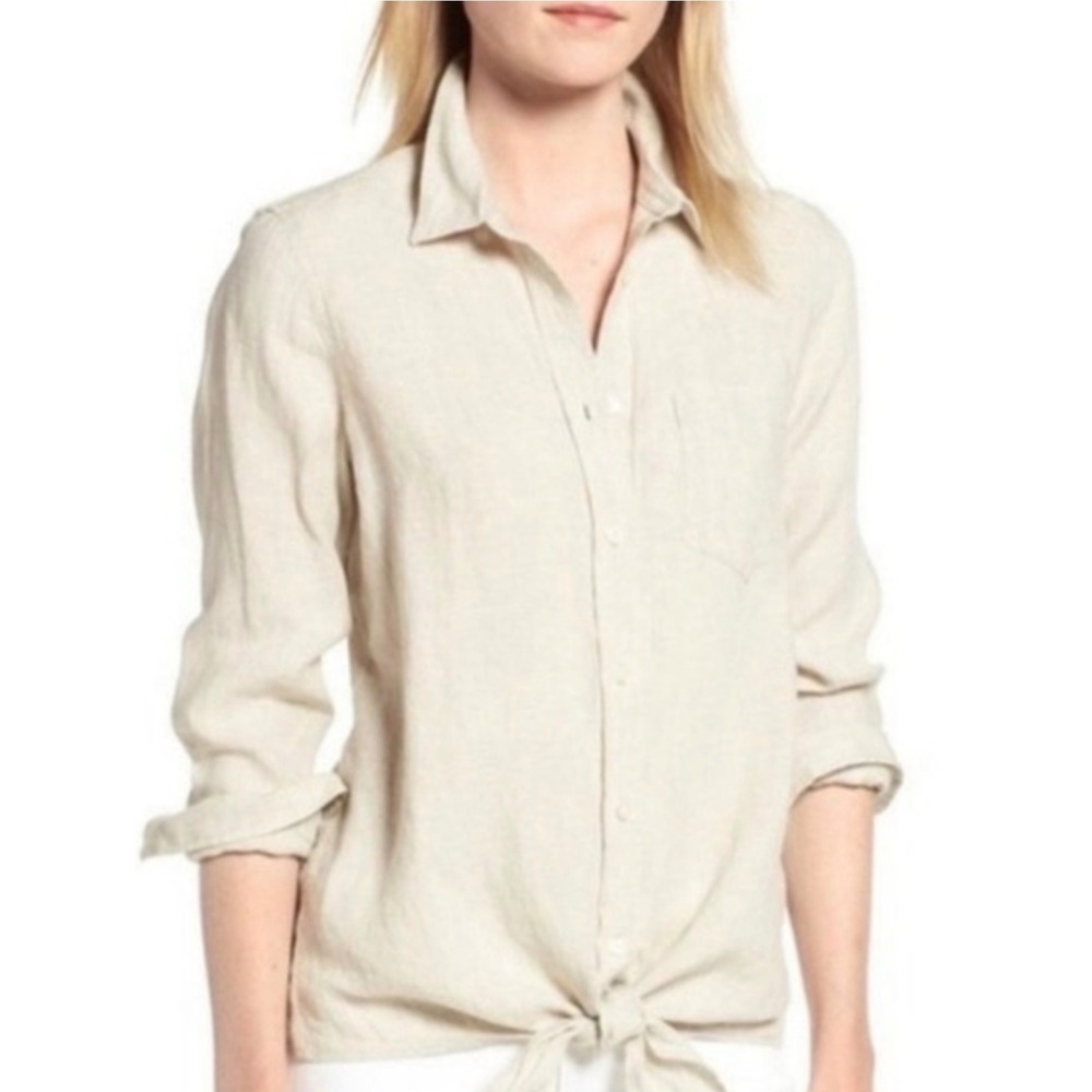 Anthropologie Cloth & Stone Linen Button Front Shirt Beige Frayed Hem Size S